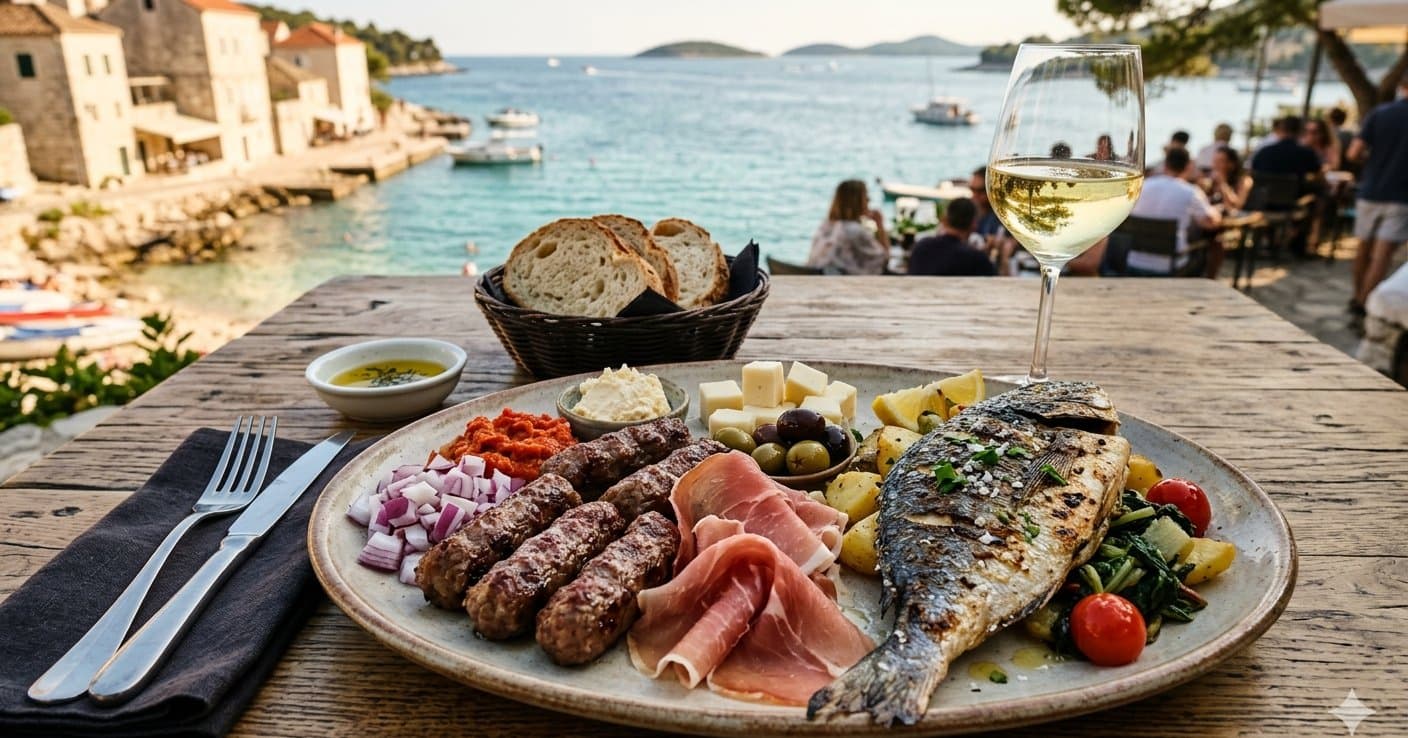 Dalmatian platter with grilled fish, pršut, and local specialities